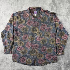 Vintage 90s Mens Silk Floral Shirt One 800 Button Up Abstract Jazzy Relaxed Fit